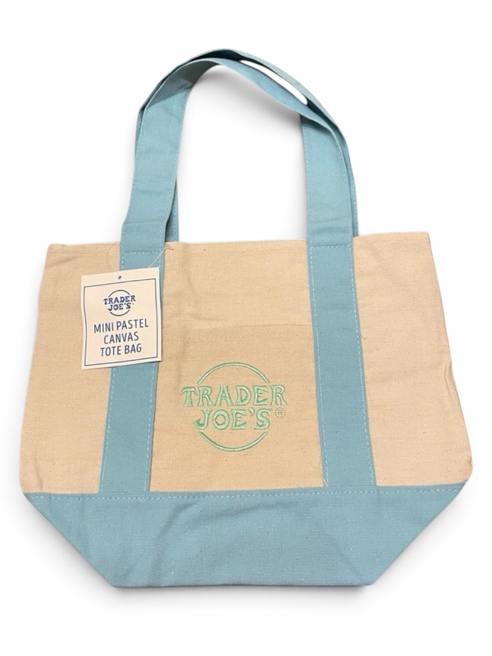 🩵Trader Joe's Mini Pastel Canvas Tote Bag in Light Blue, Mint & Natural. NWT